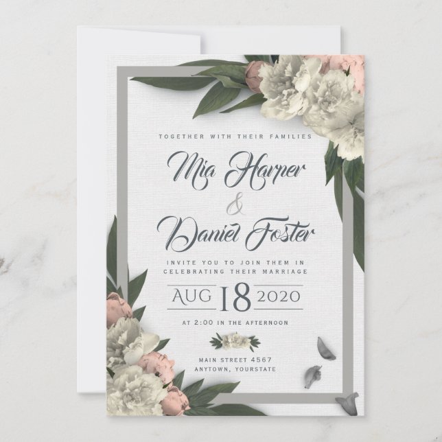 Glamorous White and Peach Floral Peonies Invitation (Front)
