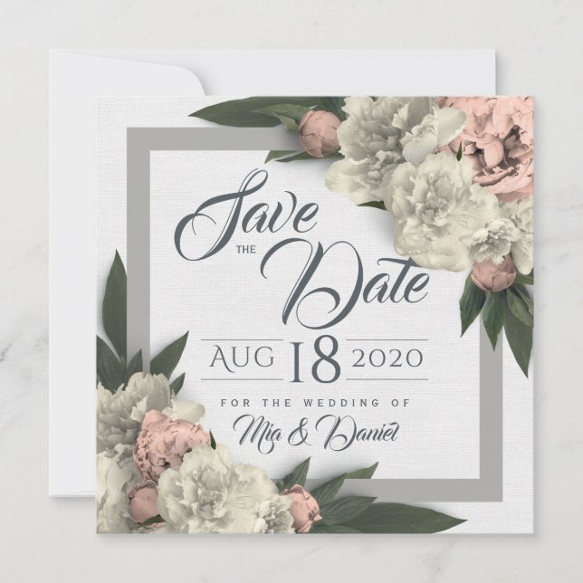 Glamorous White and Peach Floral Peonies Save The Date (Front)