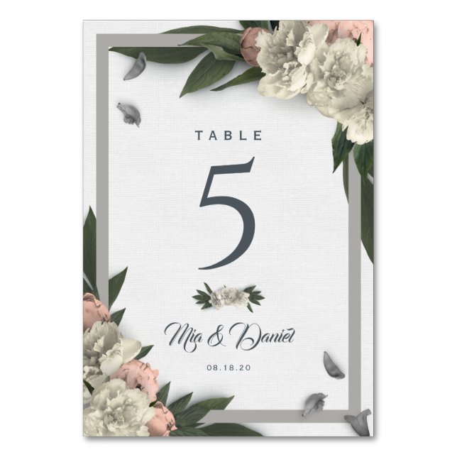 Glamorous White and Peach Floral Peonies Table Number (Front)