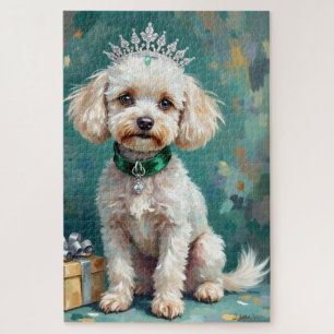 Glamorous White Poodle Princess Christmas Art Jigsaw Puzzle