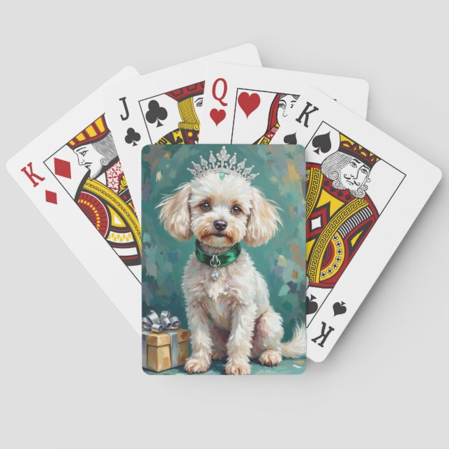 Glamorous White Poodle Princess Christmas Art Playing Cards (Back)