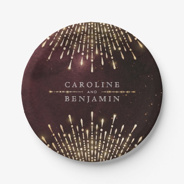 Glamour Art Deco Burgundy Vintage wedding Paper Plate (Front)
