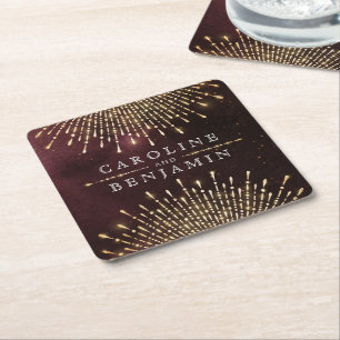 Glamour Art Deco Burgundy Vintage wedding Square Paper Coaster