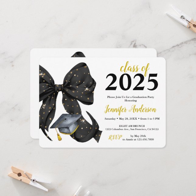 Glamour Black/Gold Bow Graduation Party Invitation (Front/Back In Situ)