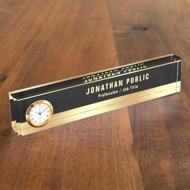 Glamour Black Gold Modern Template With Clock Nameplate (Side)