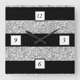 Glamour Black Stripes with Silver Glitter Printed Square Wall Clock