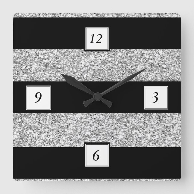 Glamour Black Stripes with Silver Glitter Printed Square Wall Clock (Front)