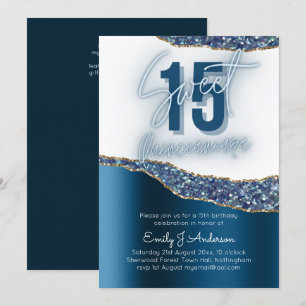 Glamour Blue Silver Foil Glitter Quinceanera 15th Invitation
