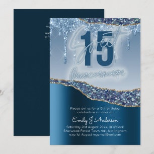 Glamour Blue Silver  Foil Glitter Quinceanera 15th Invitation