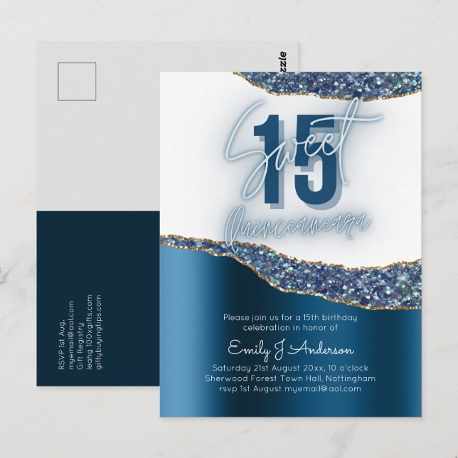 Glamour Blue Silver Foil Glitter Quinceanera 15th Postcard (Front/Back)