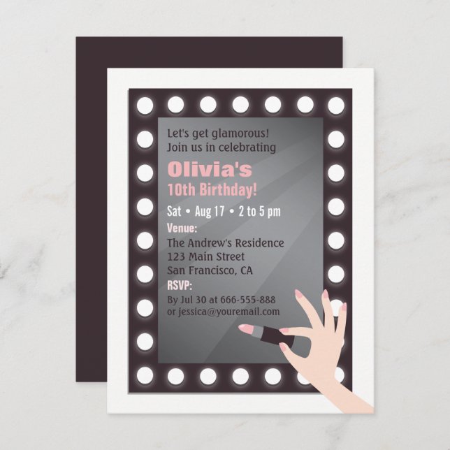 Glamour Chic Lights Makeup Girls Birthday Party Invitation (Front/Back)