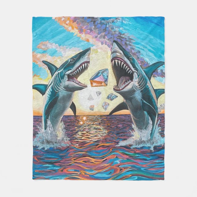 Glamour Chomp-Shark Breaching for Shiny Gems- Fleece Blanket (Front)