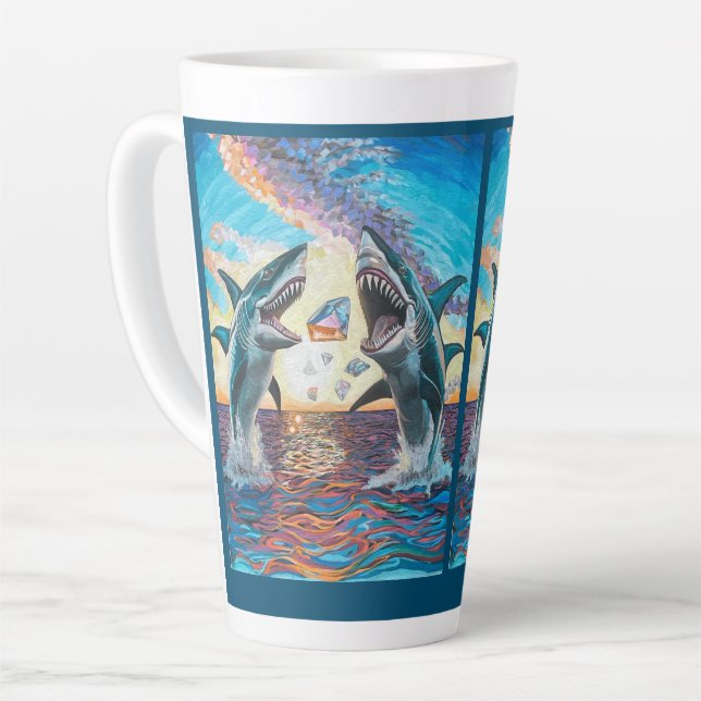 Glamour Chomp-Shark Breaching for Shiny Gems- Latte Mug (Left Angle)
