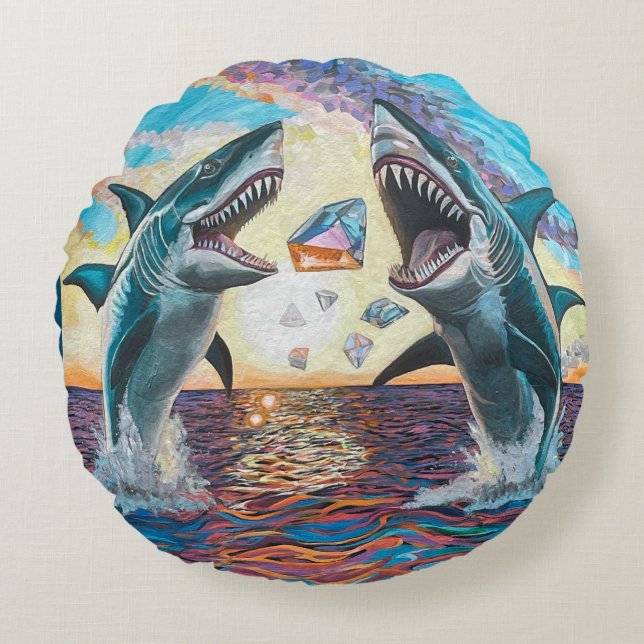 Glamour Chomp-Shark Breaching for Shiny Gems- Round Cushion (Front)
