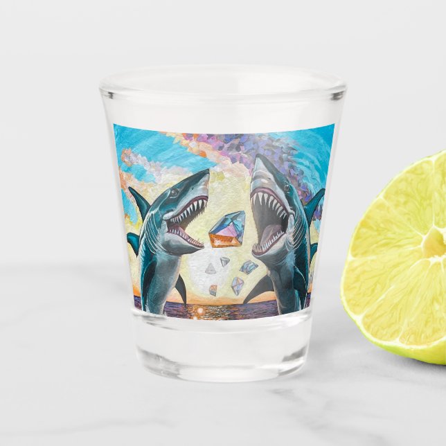 Glamour Chomp-Shark Breaching for Shiny Gems- Shot Glass (Front)