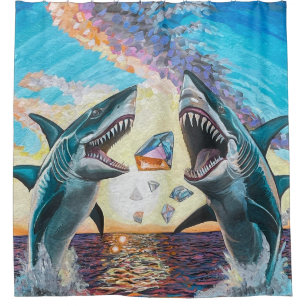 Glamour Chomp-Shark Breaching for Shiny Gems- Shower Curtain