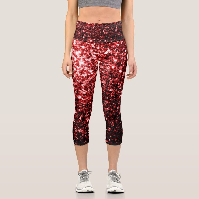 Glamour Dark Red Glitter sparkles Capri Leggings (Front)