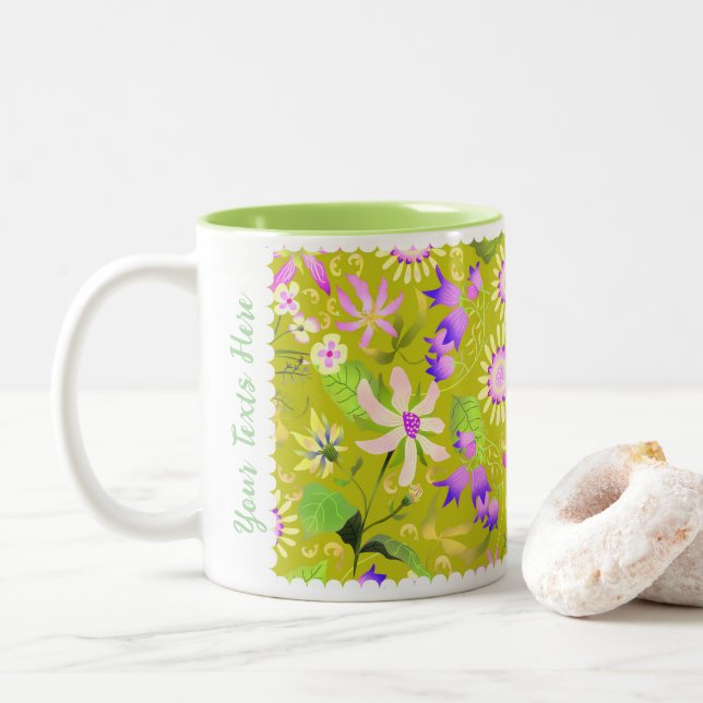 Glamour Floral Green Two-Tone Coffee Mug (With Donut)