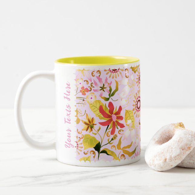 Glamour Floral Pink Two-Tone Coffee Mug (With Donut)