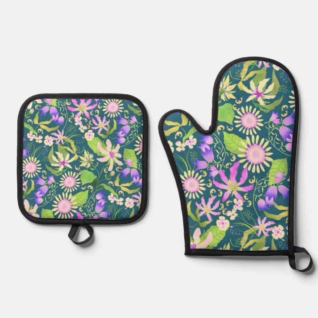 Glamour Floral Turquoise Oven Mitt & Pot Holder Set (Front)
