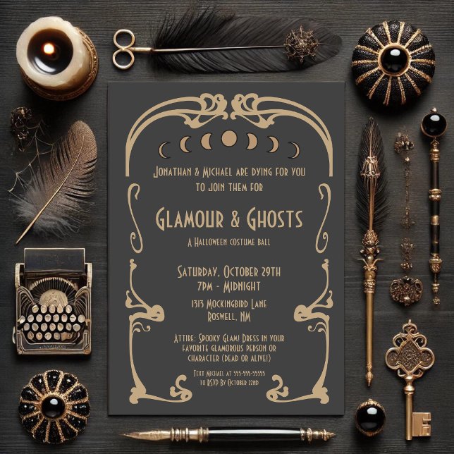 Glamour & Ghosts Art Deco Gold & Black Halloween Invitation (Creator Uploaded)