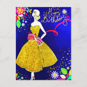 Glamour Girl Floral Gold Birthday Party Glitter Postcard
