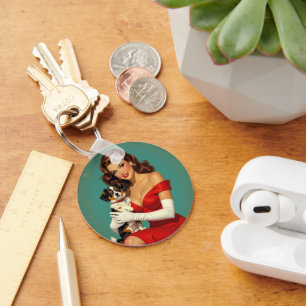 Glamour Girl with Dog Digital Art Key Ring