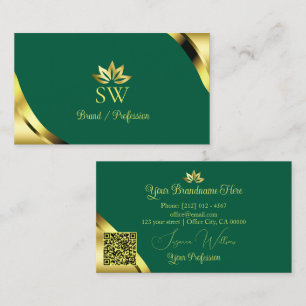 Glamour Gold Corners on Teal with Monogram QR Code Business Card