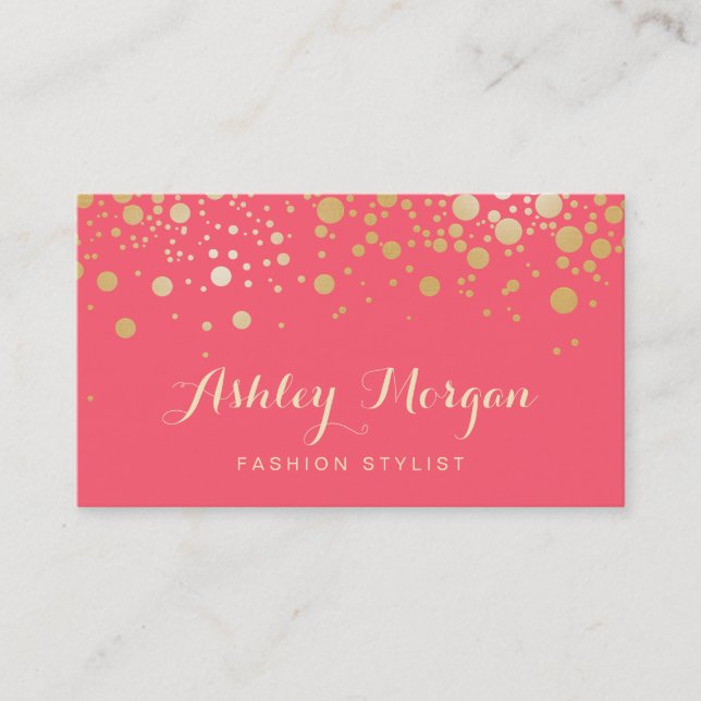 Glamour Gold Dots Decor - Charming Pink Coral Business Card (Front)