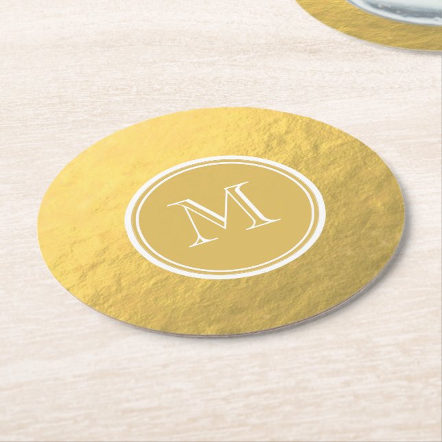 Glamour Gold Foil Background Monogram Round Paper Coaster (Angled)