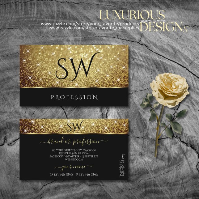 Glamour Gold Glitter Sparkle Stars Monogram Black Business Card (Creator Uploaded)