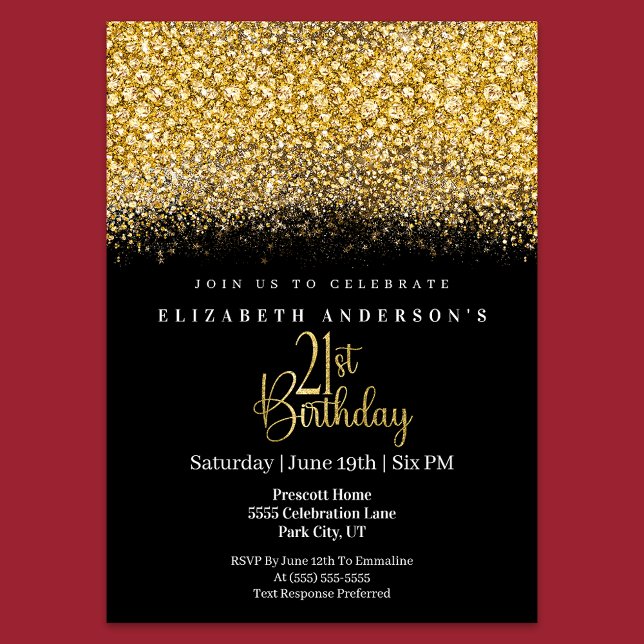 Glamour Gold Jeweled Glitter 21st Birthday Invitation (Creator Uploaded)