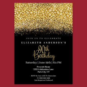 Glamour Gold Jeweled Glitter 90th Birthday Invitation