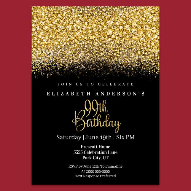 Glamour Gold Jeweled Glitter 99th Birthday Invitation (Creator Uploaded)