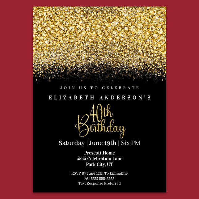 Glamour Gold Jewelled Glitter 40th Birthday Invitation (Creator Uploaded)
