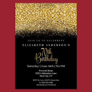 Glamour Gold Jewelled Glitter 70th Birthday Invitation