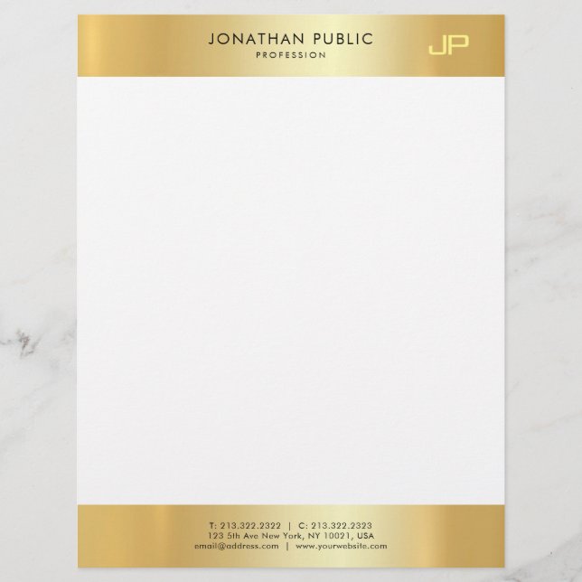 Glamour Gold White Elegant Monogram Clean Template Custom Letterhead (Front)