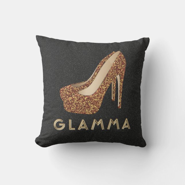 Glamour Grandma Glamma Gold Glitter High Heels Cushion (Front)