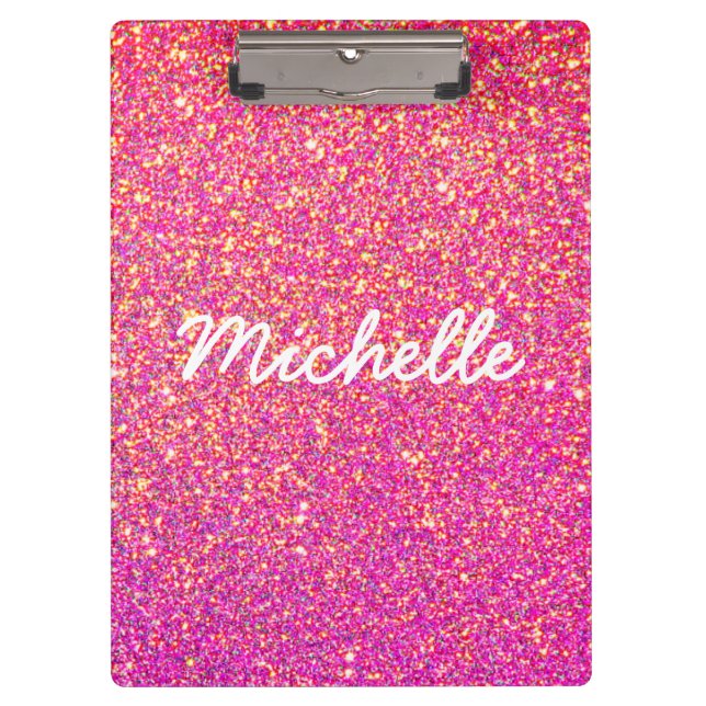 Glamour Hot Pink Gold Glitter Script Personalised Clipboard (Front)