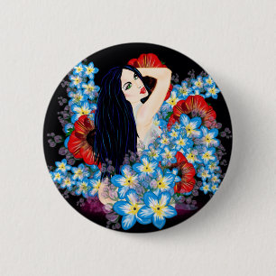 Glamour Model in Poppy flower bed, ART by LeahG 6 Cm Round Badge