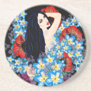 Glamour Model in Poppy flower bed, ART by LeahG Coaster