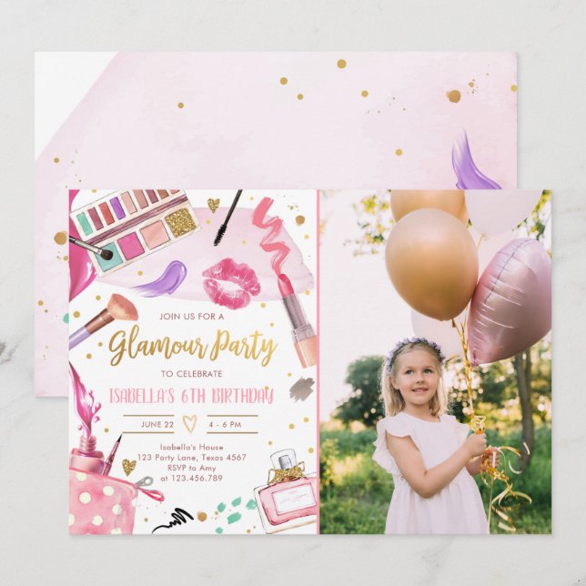 Glamour Party Glitz Glam Spa Girl Makeup Birthday Invitation (Front/Back)