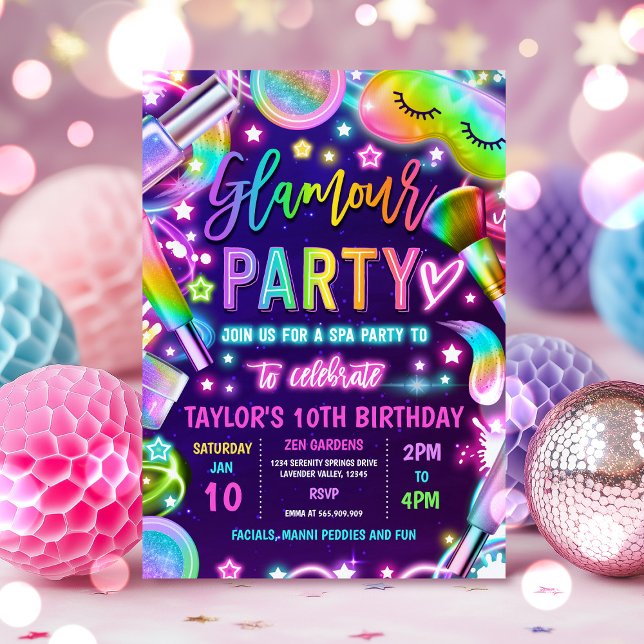 Glamour Party Glow Neon Spa Makeup Birthday Party Invitation (Creator Uploaded)