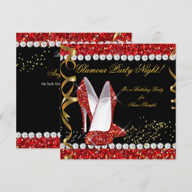 Glamour Party Night Red Glitter Gold Black Shoes Invitation (Front/Back)