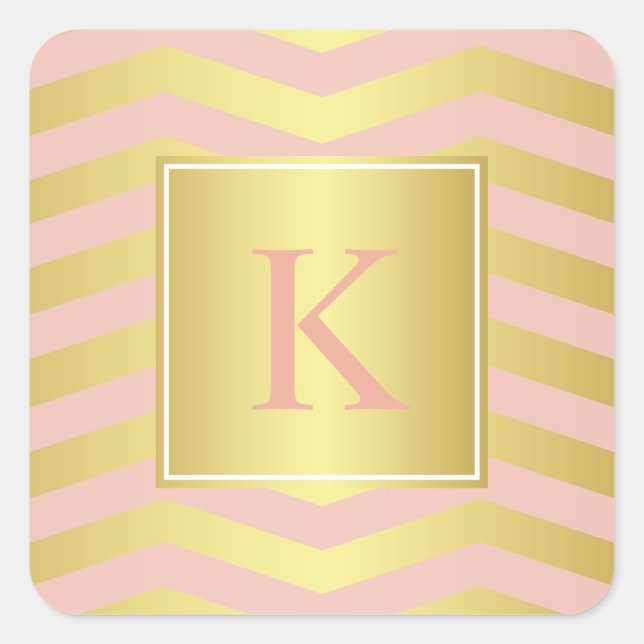Glamour Pink and Gold Chevrons with Monogram Square Sticker (Front)