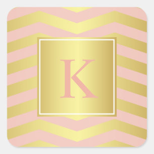 Glamour Pink and Gold Chevrons with Monogram Square Sticker