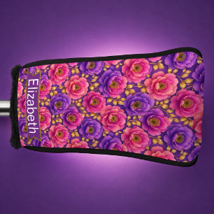 Glamour Pink and Purple Flowers Personalised Golf Head Cover