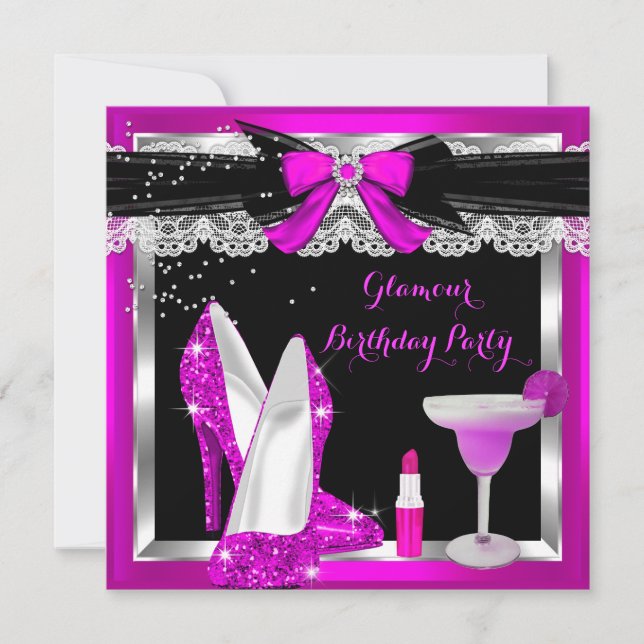 Glamour Pink Glitter Heels Silver Cocktail Party Invitation (Front)