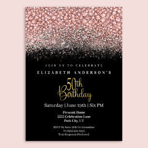 Glamour Pink Jewelled Glitter 50th Birthday Invitation