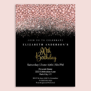 Glamour Pink Jewelled Glitter 90th Birthday Invitation